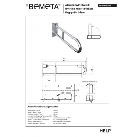 Bemeta HELP Uchwyt składany w kształcie litery U 813 mm matowy 301102082$K