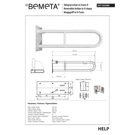 Bemeta HELP składany uchwyt w kształcie litery U 813 mm kolor biały 301102084$K