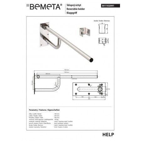 Bemeta HELP Składany uchwyt stal nierdzewna 760mm 301102091$K