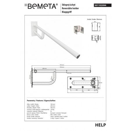 Bemeta HELP Składany uchwyt biały 760mm 301102094$K