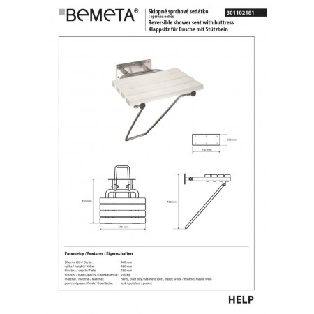 Bemeta HELP Siedzisko prysznicowe składane na nóżkach stal nierdzewna w połysku 301102181$K