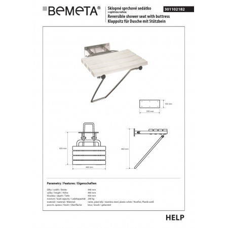 Bemeta HELP Siedzisko natryskowe składane z nogami stal nierdzewna szlifowana 301102182$K