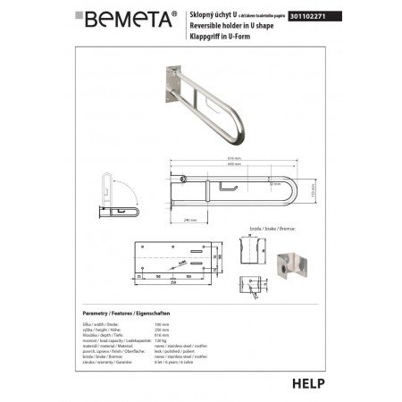 Bemeta HELP Uchwyt składany w kształcie litery U z uchwytem TP 600 mm stal nierdzewna 301102271$K