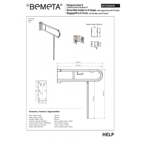 Bemeta HELP Składany uchwyt w kształcie litery U z nogą podporową 813 mm stal nierdzewna z uchwytem TP 301102281N$K