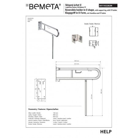 Bemeta HELP Składany uchwyt w kształcie litery U z nogą podporową 813mm cięcie ze stali nierdzewnej z uchwytem TP 301102282N$K