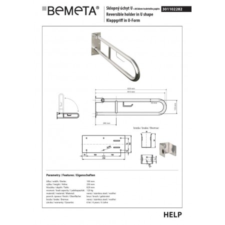 Bemeta HELP Składany uchwyt w kształcie litery U z uchwytem do TP 813mm matowy 301102282$K