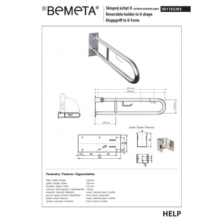 Bemeta HELP Składany uchwyt w kształcie litery U z uchwytem do TP 900 mm matowy, 301102292$K