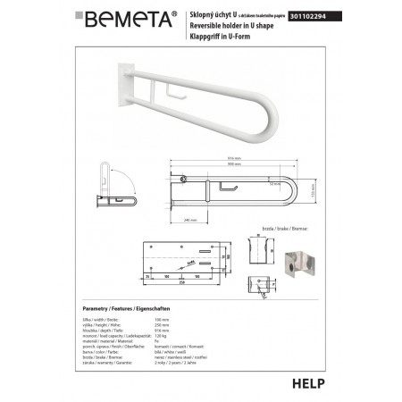 Bemeta HELP Składany uchwyt w kształcie litery U z uchwytem do TP 900 mm biały 301102294$K