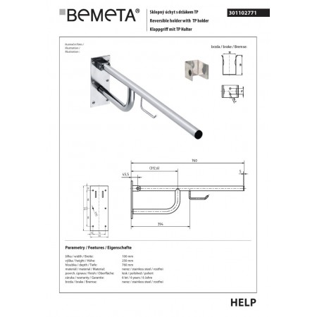 Bemeta HELP Składany uchwyt stal nierdzewna z uchwytem TP 760mm 301102771$K