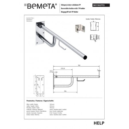 Bemeta HELP Składany uchwyt cięty ze stali nierdzewnej z uchwytem TP 760mm 301102772$K