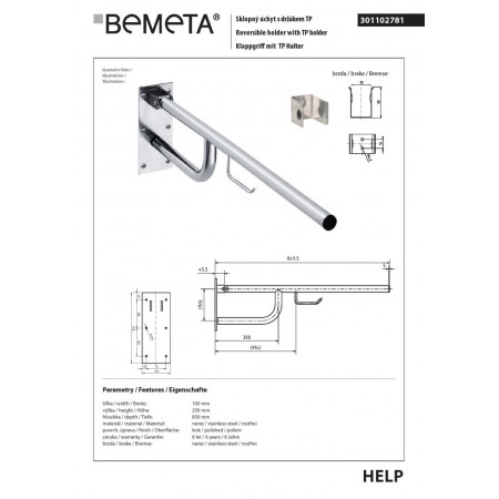 Bemeta HELP Uchwyt składany ze stali nierdzewnej 850mm z uchwytem TP 301102781$K