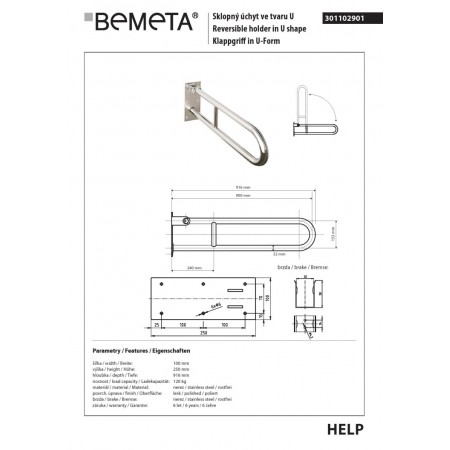 Bemeta HELP Uchwyt składany w kształcie litery U 900 mm stal nierdzewna 301102901$K