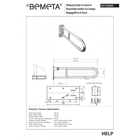 Bemeta HELP Uchwyt składany w kształcie litery U 900 mm matowy 301102902$K