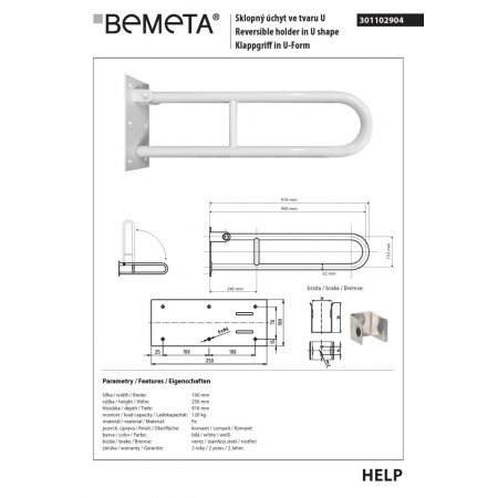 Bemeta HELP Uchwyt składany w kształcie litery U 900 mm biały 301102904$K