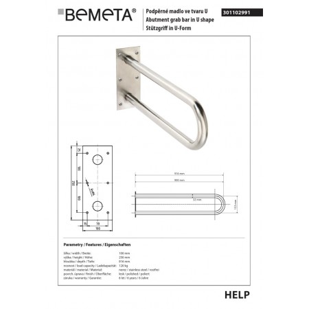 Bemeta HELP Uchwyt w kształcie litery U 900 mm stal nierdzewna 301102991$K