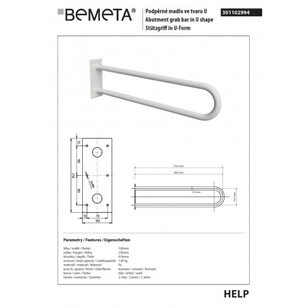 Bemeta HELP Uchwyt w kształcie litery U 900 mm biały 301102994$K