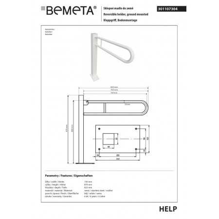 Bemeta HELP Składana rączka 750 mm kolor biały 301107304$K