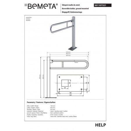 Bemeta HELP Uchwyt składany 850 mm stal nierdzewna 301107321$K