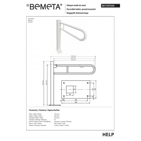 Bemeta HELP Składana rączka 850 mm kolor biały 301107324$K