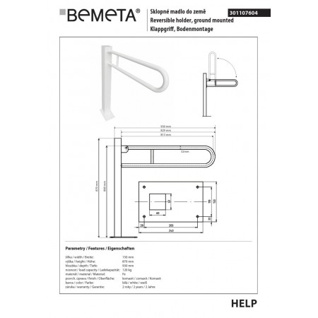 Bemeta HELP Uchwyt składany kotwiony do podłoża 813 mm biały 301107604$K