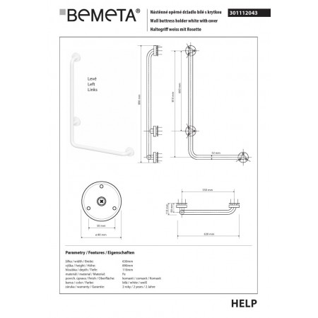 Bemeta HELP Uchwyt ścienny lewy biały z osłoną 301112043$K