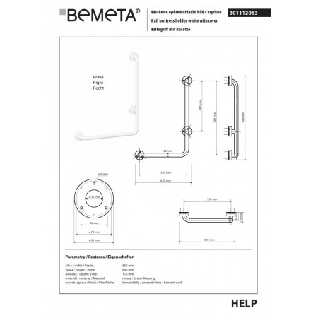 Bemeta HELP Uchwyt ścienny 600x600 prawy biały z osłoną 301112063$K