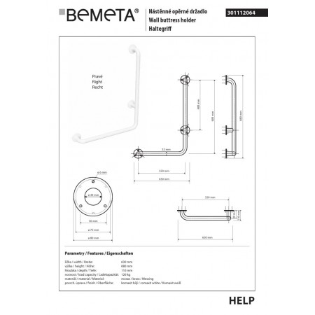 Bemeta HELP Uchwyt ścienny prawy 600x600 biały 301112064$K