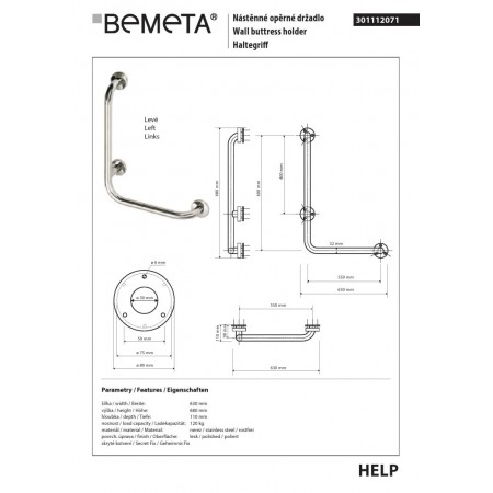 Bemeta HELP Uchwyt ścienny 600x600 lewy ze stali nierdzewnej 301112071$K