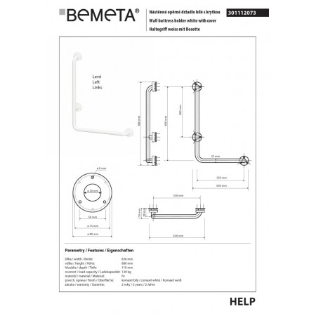 Bemeta HELP Uchwyt ścienny 600x600 lewy biały z osłoną 301112073$K