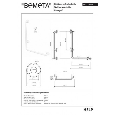 Bemeta HELP Uchwyt ścienny 600x600 lewy biały 301112074$K