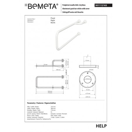 Bemeta HELP Uchwyt pomocniczy prawy biały z osłoną 301112163$K