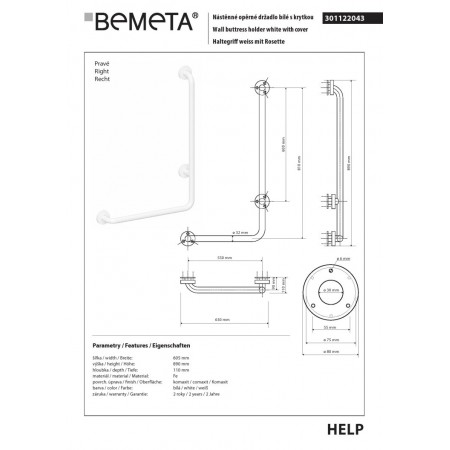 Bemeta HELP Uchwyt ścienny prawy biały z osłoną 301122043$K