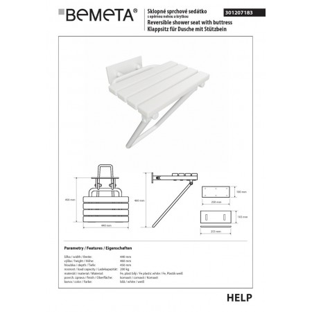 Bemeta HELP Siedzisko prysznicowe składane z nogami i osłoną białe 301207183$K