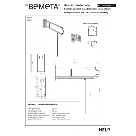 Bemeta HELP Uchwyt składany w kształcie litery U z nogą 600 mm stal nierdzewna z osłoną 301307071N$K