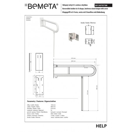 Bemeta HELP Składany uchwyt w kształcie litery U z nogą podporową 600 mm biały z osłoną 301307073N$K