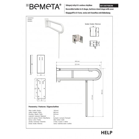 Bemeta HELP Składany uchwyt w kształcie litery U z nóżką 813 mm biały z osłoną 301307083N$K