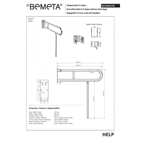 Bemeta HELP Składany uchwyt w kształcie litery U z podporą 850mm stal nierdzewna z osłoną 301307321N$K