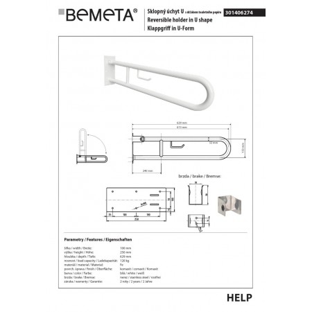 Bemeta HELP Uchwyt składany w kształcie litery U 600 mm biały z uchwytem TP 301406274$K