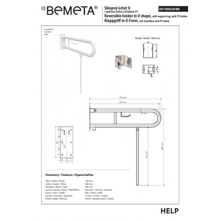 Bemeta HELP Składany uchwyt w kształcie litery U z nogą podtrzymującą 750mm biały z uchwytem TP 301406304N$K