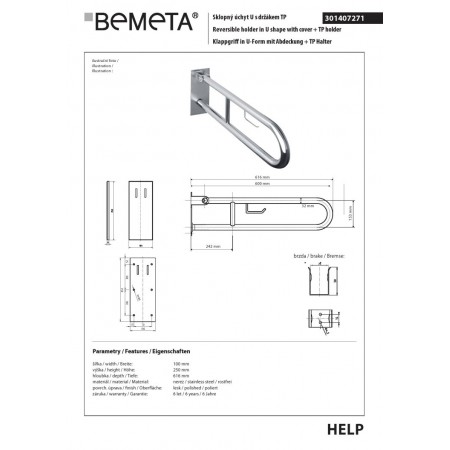 Bemeta HELP Uchwyt składany w kształcie litery U 600 mm stal nierdzewna z pokrywą i uchwytem TP 301407271$K