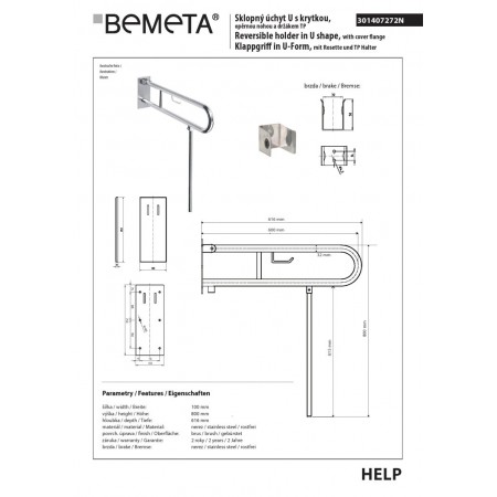 Bemeta HELP Uchwyt składany w kształcie litery U 600 mm cięcie ze stali nierdzewnej z pokrywą uchwytem TP i nogą wspierającą 301407272N$K