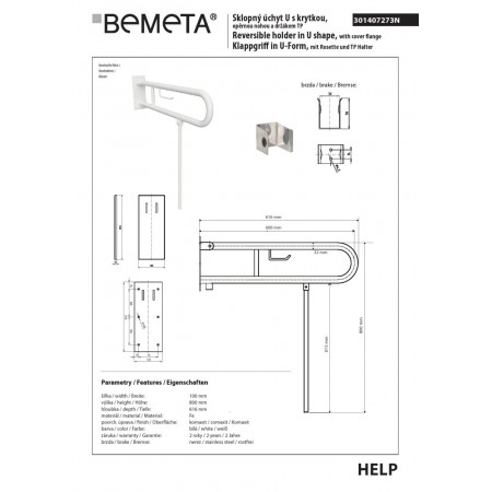 Bemeta HELP Uchwyt składany w kształcie litery U 600 mm biały z pokrywą uchwytem TP i nogą wspierającą 301407273N$K