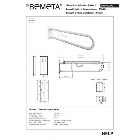 Bemeta HELP Uchwyt składany w kształcie litery U 600 mm biały z pokrywą i uchwytem TP 301407273$K