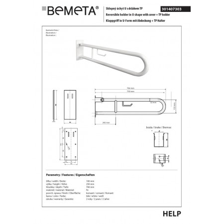 Bemeta HELP Uchwyt składany w kształcie litery U 750 mm biały z pokrywą i uchwytem TP 301407303$K