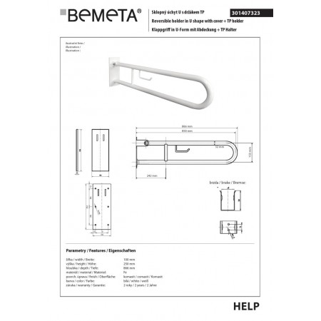 Bemeta HELP Uchwyt składany w kształcie litery U 850 mm biały z pokrywą i uchwytem TP 301407323$K