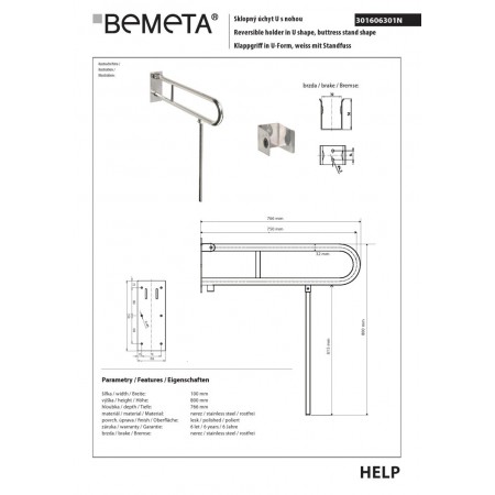 Bemeta HELP Składany uchwyt w kształcie litery U z nogą podporową 750mm stal nierdzewna w połysku 301606301N$K