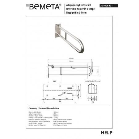 Bemeta HELP Uchwyt składany w kształcie litery U 750 mm stal nierdzewna, 301606301