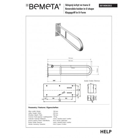 Bemeta HELP Uchwyt składany w kształcie litery U 750 mm stal nierdzewna szlifowana 301606302