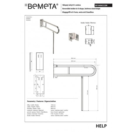 Bemeta HELP Składany uchwyt w kształcie litery U z nogą podporową 850 mm cięcie ze stali nierdzewnej 301606322N$K