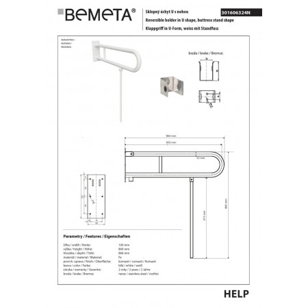 Bemeta HELP Składany uchwyt w kształcie litery U z podporą 850mm biały 301606324N$K